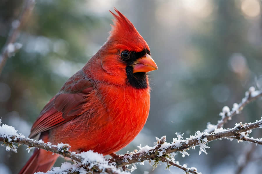Male Northern Cardinal with vivid crimson plumage perched on a snow-dusted branch